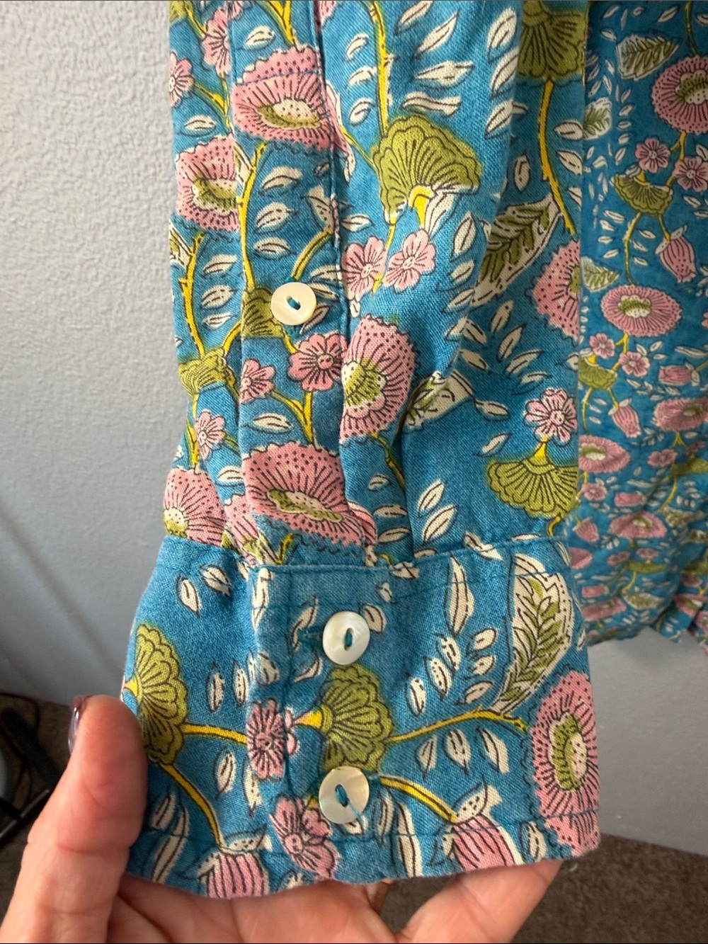 Natural Life Floral Button-Cuff Women’s Dress in Teal and Pink